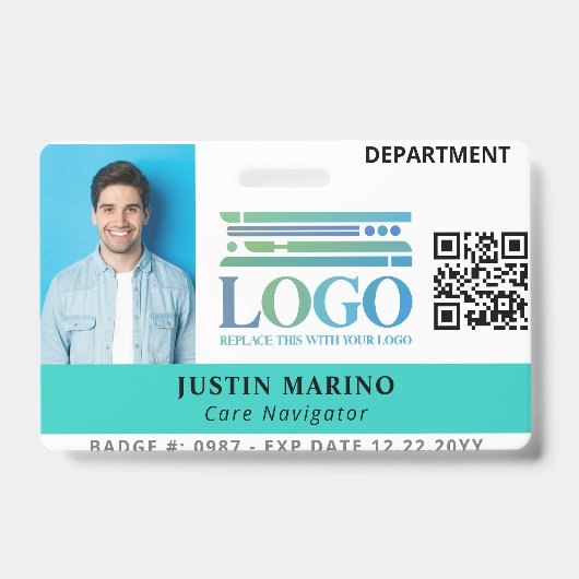 Bright Robin Egg Logo Foto QR Code Medewerker ID Badge (Front)