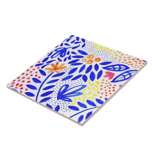 Bright Royal Blue Floral Spring Pattern Tegeltje (Zijkant)