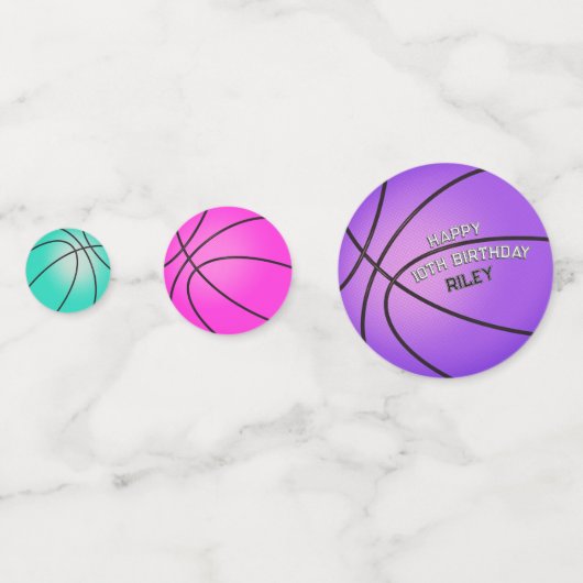 Bright roze Blauwgroen Paarse basketbal Happy Birt Confetti (Voorkanten)
