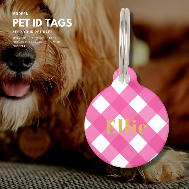 Bright roze Gingham Check Custom Dog Label Huisdierpenning (Creator heeft geüpload)