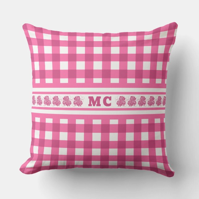 Bright Roze Monogram Gingham Girly Pset Buitenkussen (Voorkant)
