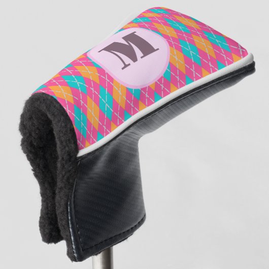 Bright Roze preppy argyle aangepaste monogram dame Golfheadcover (3/4 voorkant)