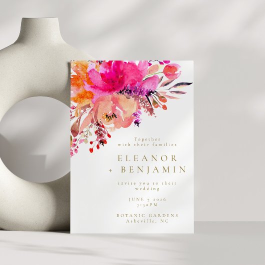 Bright roze Waterverf bloemenbruiloft wit Kaart