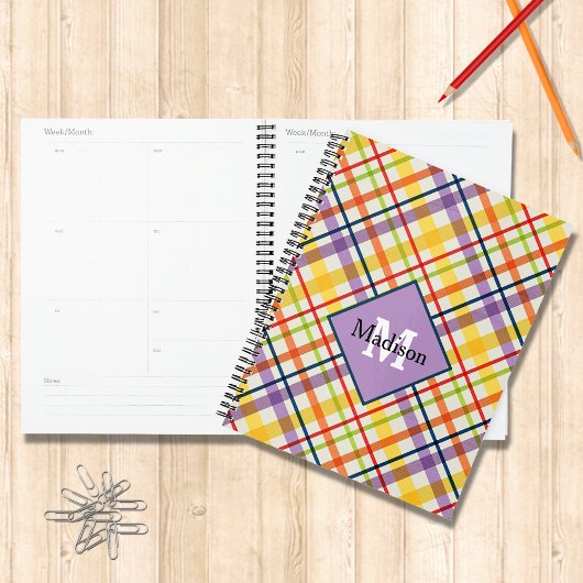 Bright School Plaid Monogram Planner Paarse