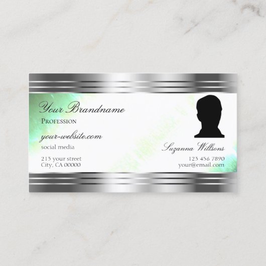 Bright Shimmery Mint met Silver Border Logo Foto Visitekaartje (Achterkant)