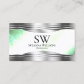 Bright Shimmery Mint Silver Borders Monogram Foto Visitekaartje (Voorkant)