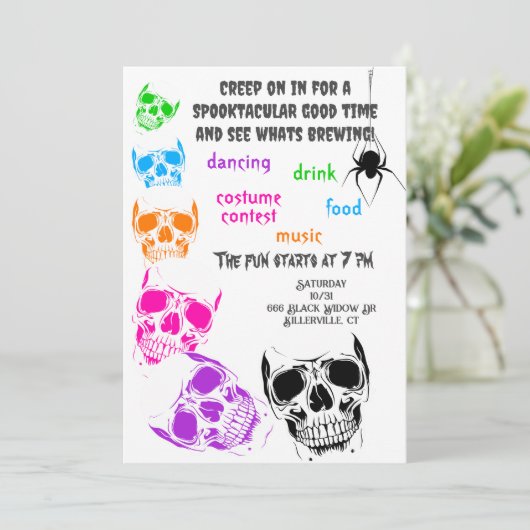 Bright Skulls Halloween Party Kaart (Staand voorkant)