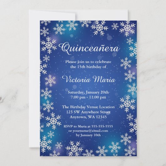 Bright Snowflakes Blue Winter Quinceanera nodigt Kaart (Voorkant)