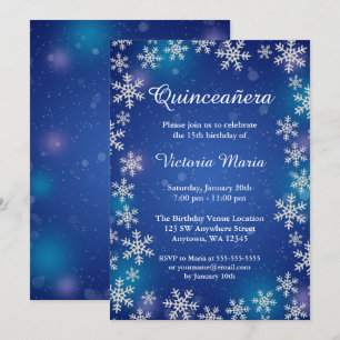 Bright Snowflakes Blue Winter Quinceanera nodigt Kaart