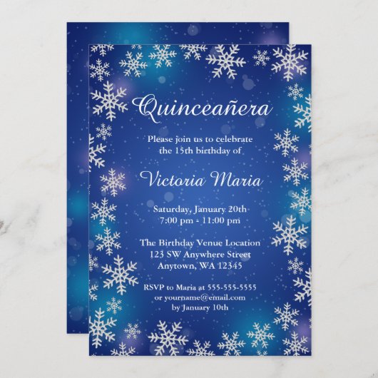 Bright Snowflakes Blue Winter Quinceanera nodigt Kaart (Voorkant / Achterkant)