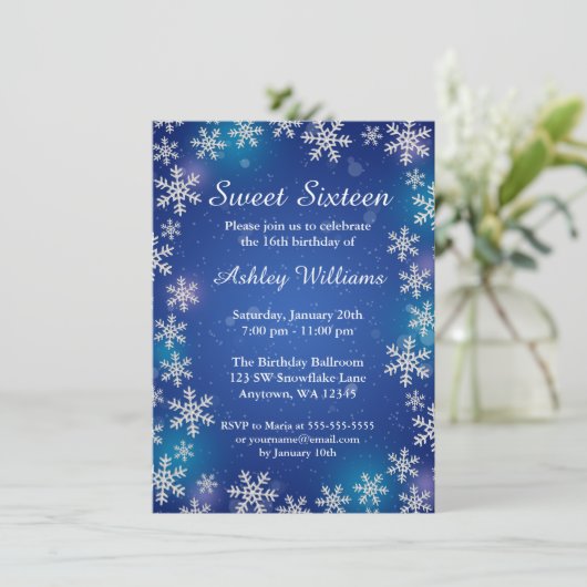 Bright Snowflakes Blue Winter Wonderland Sweet 16 Kaart (Staand voorkant)
