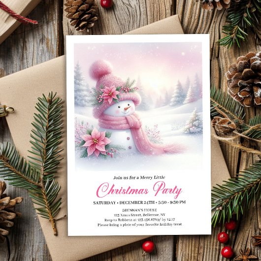 Bright Snowy Forest Pink Snowman Christmas Invite Kaart