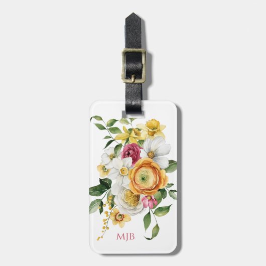 Bright Spring Floral Boeket met Monogram Bagagelabel (Voorkant verticaal)