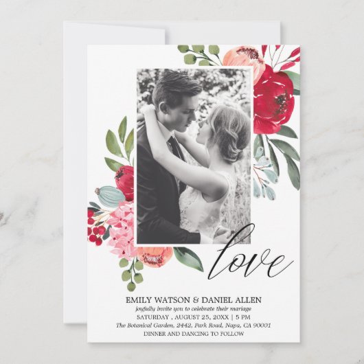 Bright Spring Floral Script Love Photo Wedding Kaart (Voorkant)
