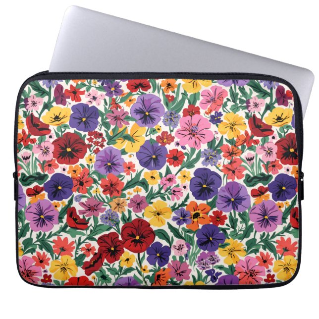 Bright Spring Pansies Floral Garden Pattern Laptop Sleeve (Voorkant)