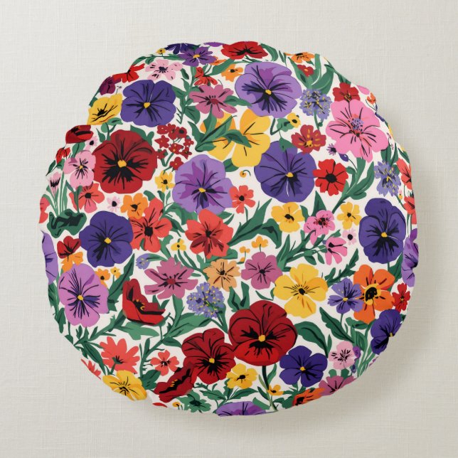 Bright Spring Pansies Floral Garden Pattern Rond Kussen (Voorkant)