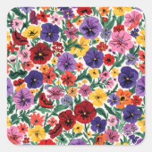 Bright Spring Pansies Floral Garden Pattern Vierkante Sticker (Voorkant)