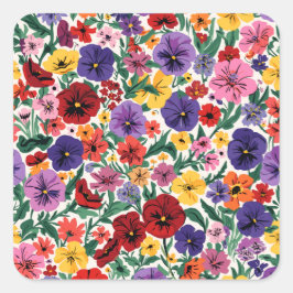 Bright Spring Pansies Floral Garden Pattern Vierkante Sticker