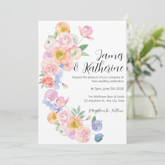 Bright Spring Waterverf Bloemen Huwelijksuitnodigi Kaart (Staand voorkant)