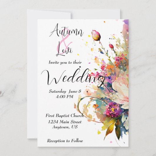 Bright spring waterverf bloemenbruiloft kaart (Voorkant)