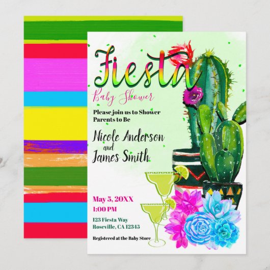 Bright Stripes Cactus Succulent FIESTA-Baby shower Kaart (Voorkant / Achterkant)