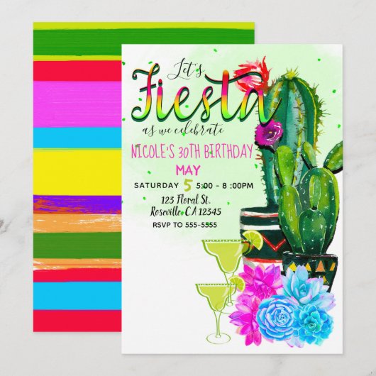 Bright Stripes Fiesta Cactus & Succulents Party Kaart (Voorkant / Achterkant)