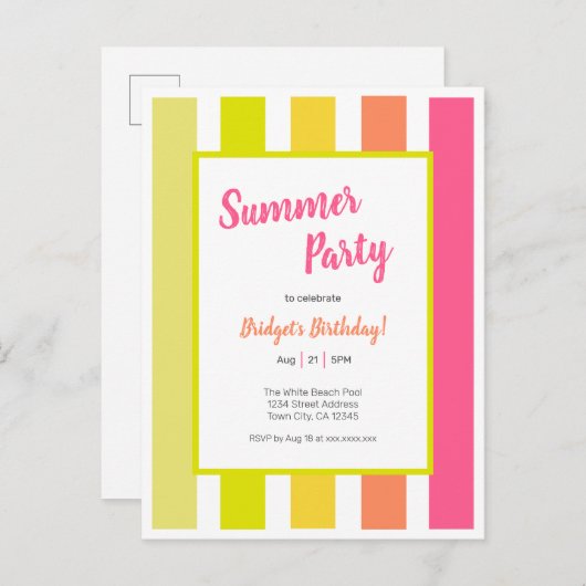 Bright Stripes Zomerfeest Uitnodiging Briefkaart (Voorkant / Achterkant)