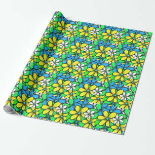  Bright Summer Flowers Blue Yellow en Green Cadeaupapier