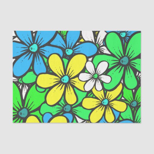  Bright Summer Flowers Blue Yellow en Green Tissuepapier (Voorkant)