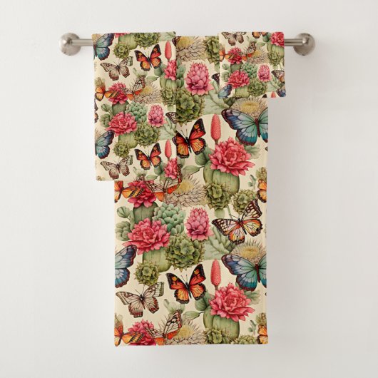 Bright summer pattern with butterflies and cacti bad handdoek (Insitu)
