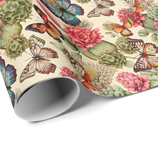 Bright summer pattern with butterflies and cacti cadeaupapier (Rol Hoek)