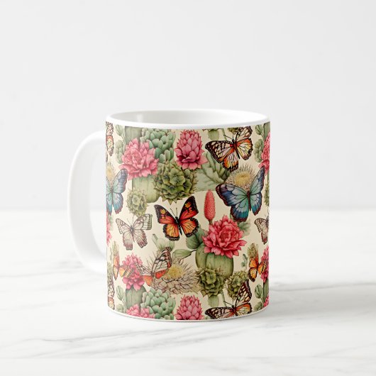Bright summer pattern with butterflies and cacti koffiemok (Voorkant links)