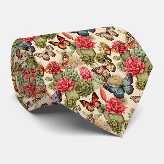 Bright summer pattern with butterflies and cacti stropdas (Opgerold)