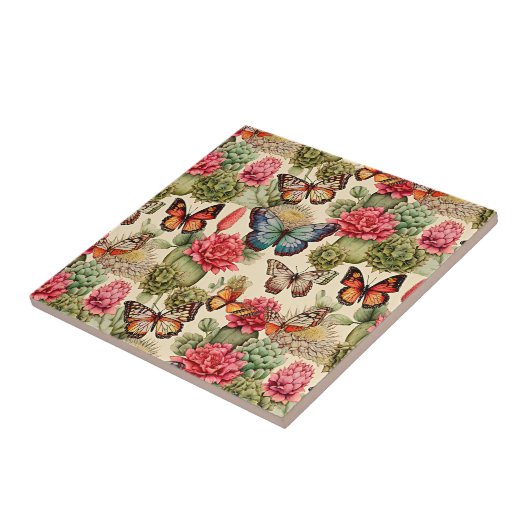 Bright summer pattern with butterflies and cacti tegeltje (Zijkant)