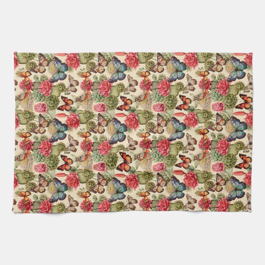 Bright summer pattern with butterflies and cacti theedoek (Horizontaal)