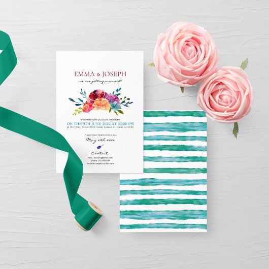 Bright Summer turquoise striped floral Wedding Kaart