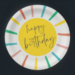 Bright Sun Script Kids Birthday Party Papieren Bordje<br><div class="desc">Een Bright Sun-script doodt de Borden van Birthday Party Paper met regenboogzon en een moderne scriptgelukkige verjaardag. Klik uitgeven knoop om dit ontwerp met uw details aan te passen.</div>