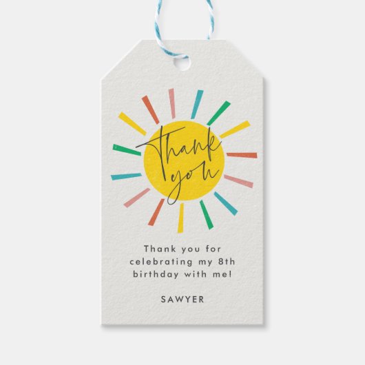 Bright Sun Script kinderen Birthday party bedankt Cadeaulabel (Voorkant)