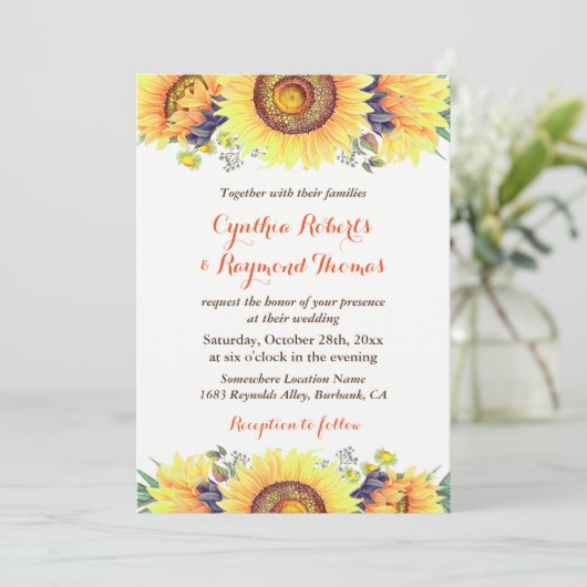 Bright Sunflower Bouquet Rustic Chic Wedding Kaart (Staand voorkant)