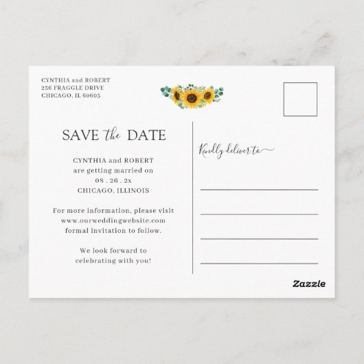 Bright Sunflower Elegant foto Save the Date Briefkaart (Achterkant)