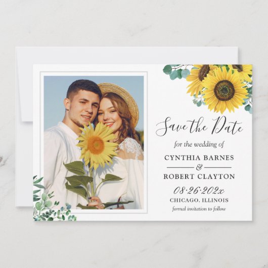 Bright Sunflower Greenery Eucalyptus Photo Weddens Save The Date (Voorkant)