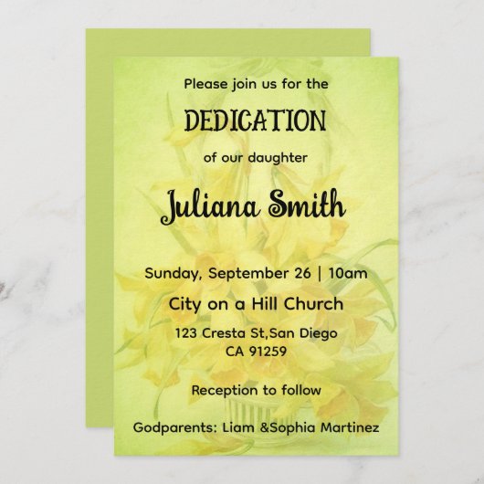 Bright Sunflower Lime Green Dedication Invitation Kaart (Voorkant / Achterkant)