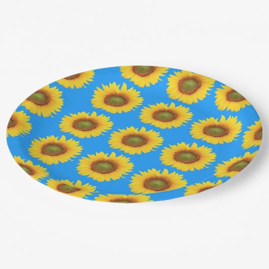 Bright Sunflowers Blue Pattern Papieren Bordje (Gekanteld)