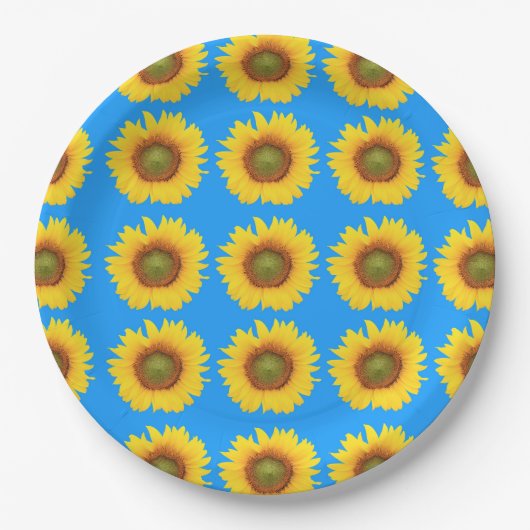 Bright Sunflowers Blue Pattern Papieren Bordje (Voorkant)