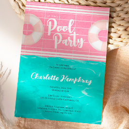 Bright Tropical zwembad party roze blauw Sweet 16 Kaart