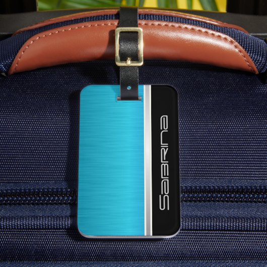Bright Turquoise Blue Brush Steel en Silver Print Bagagelabel (Voorkant Insitu 2)