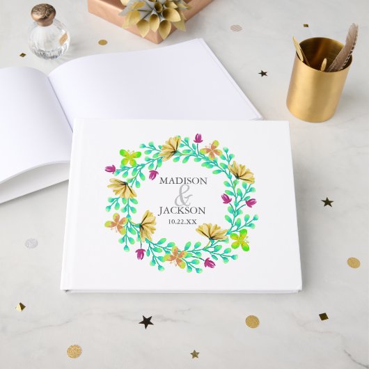 Bright Turquoise Floral Wreath Botanical Wedding Gastenboek (Voorkant open)