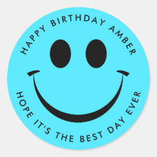 Bright Turquoise Happy Face Birthday Fun Ronde Sticker