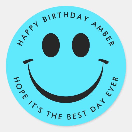 Bright Turquoise Happy Face Birthday Fun Ronde Sticker (Voorkant)