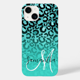Bright Turquoise Leopard Ombre Monogram Case-Mate iPhone 14 Hoesje